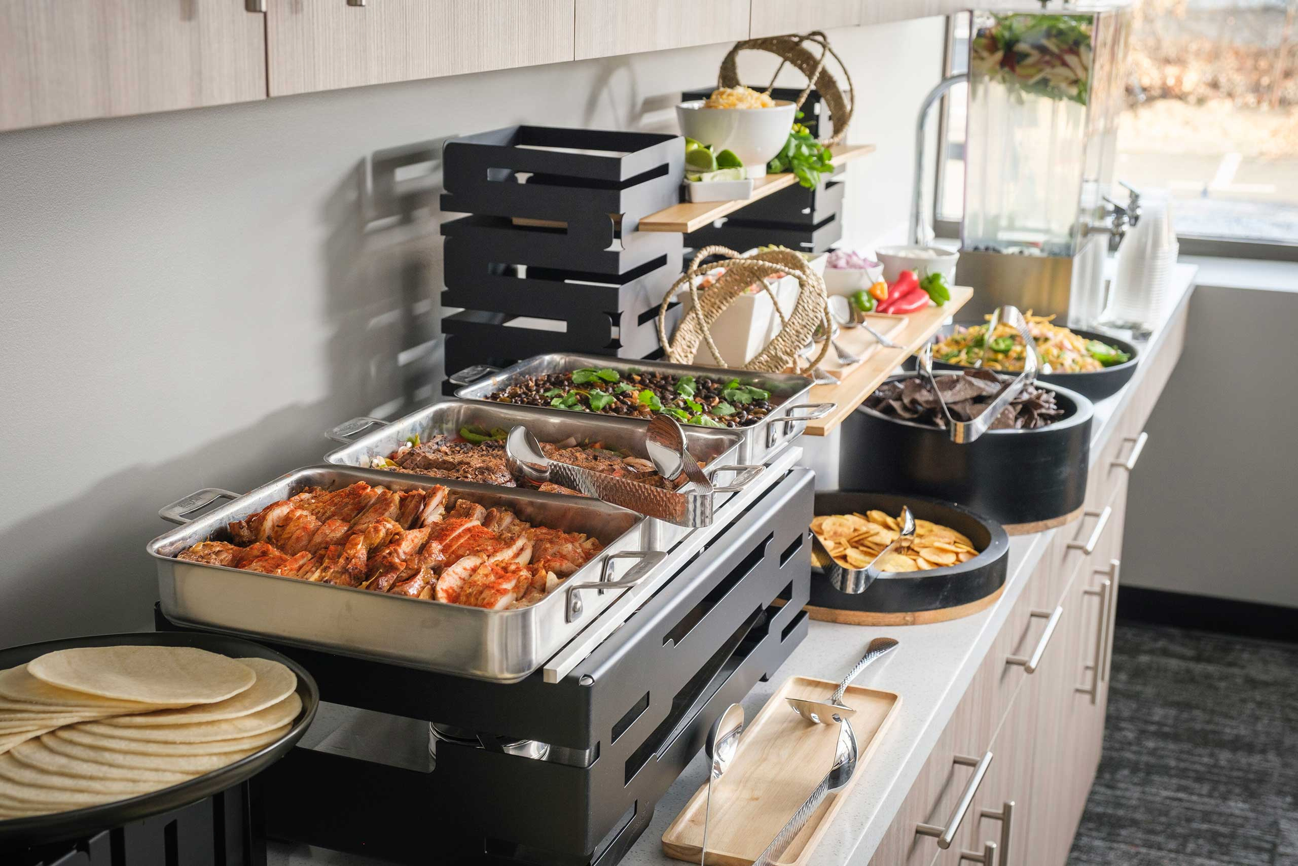 Overview of a catered buffet line