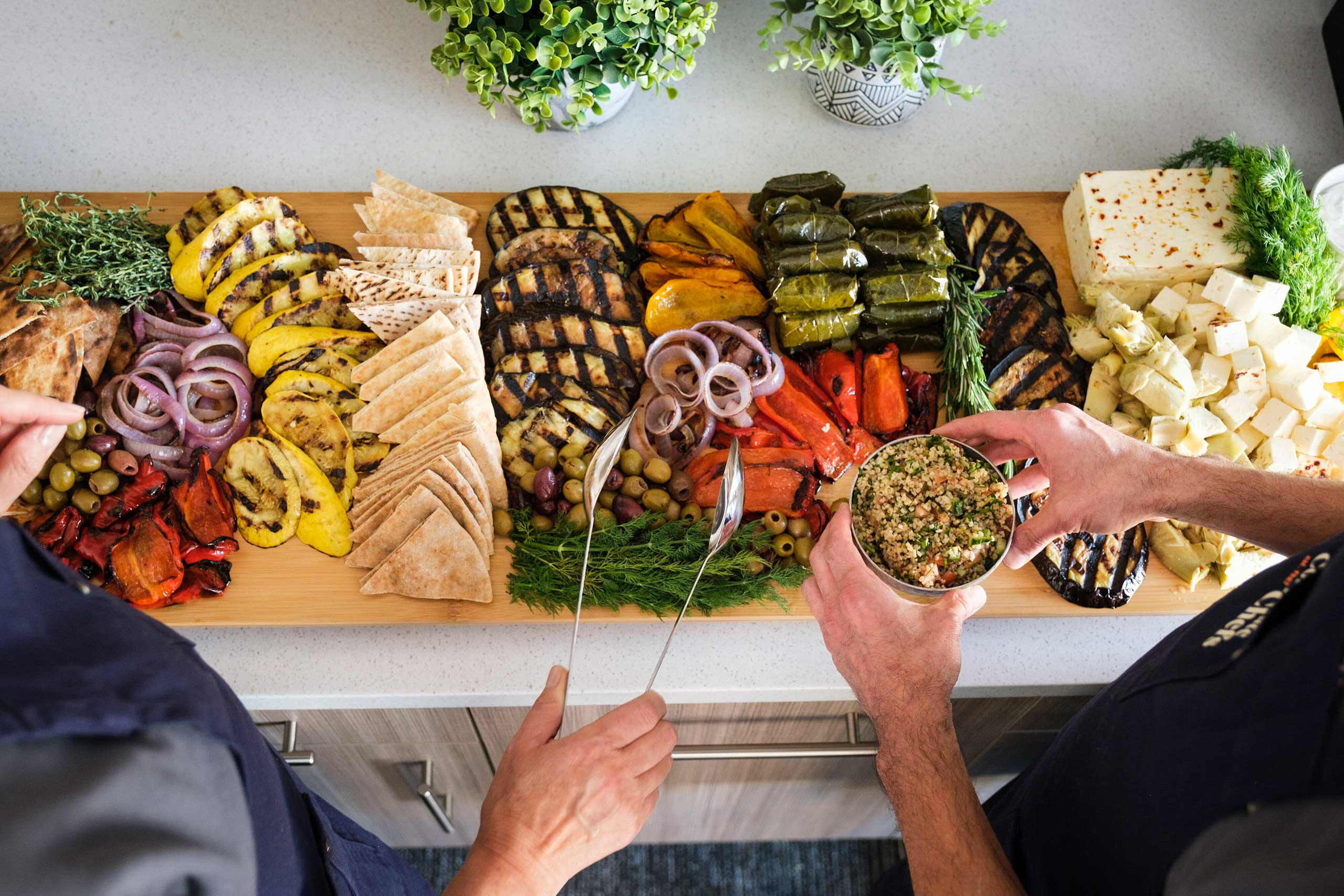 Overhead view of grilled mezze platter